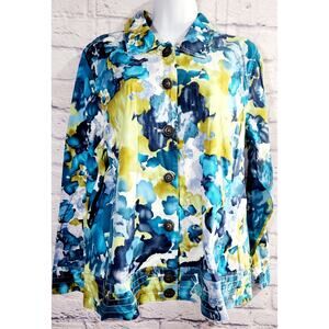 Krazy Kat Blue White Abstract Print Button Up Denim Jacket Large Lightweight